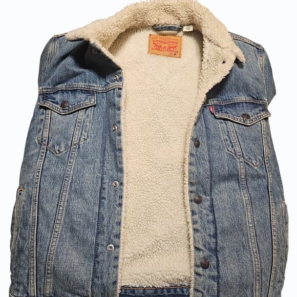 Levis Mens Sherpa-Lined Denim Trucker Jacket Blue Medium Warm Casual Outerwear - Picture 8 of 15